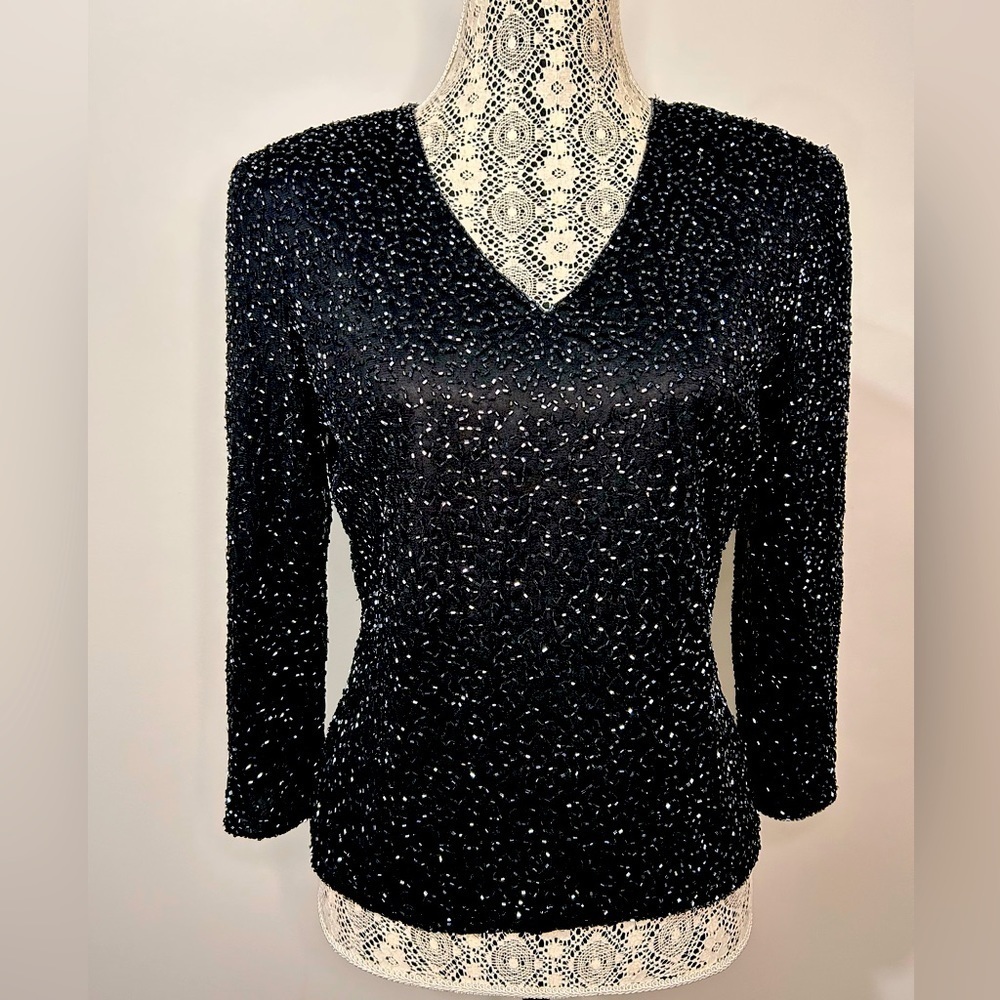 Vintage black sequins hand beaded 3/4 sleeve v neck blouse size medium